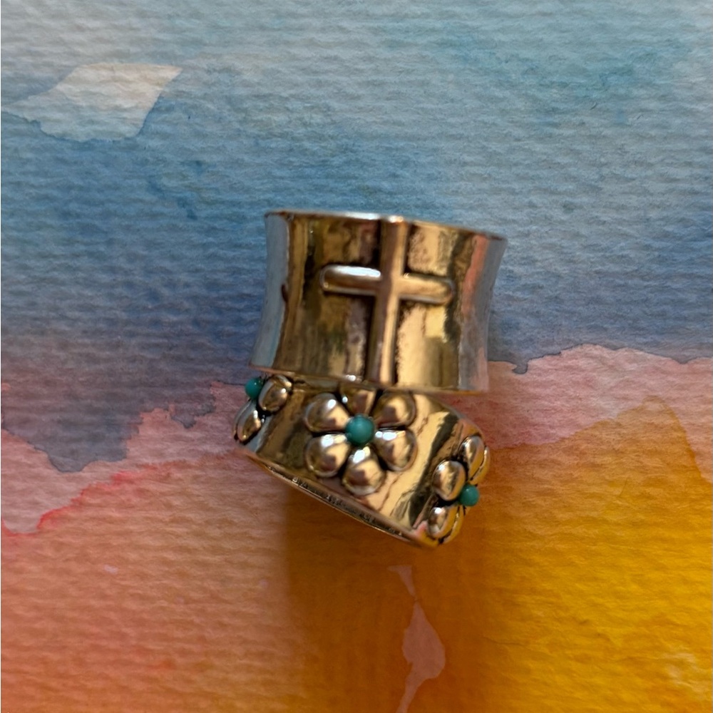 Silver Cross and Floral Ring Set